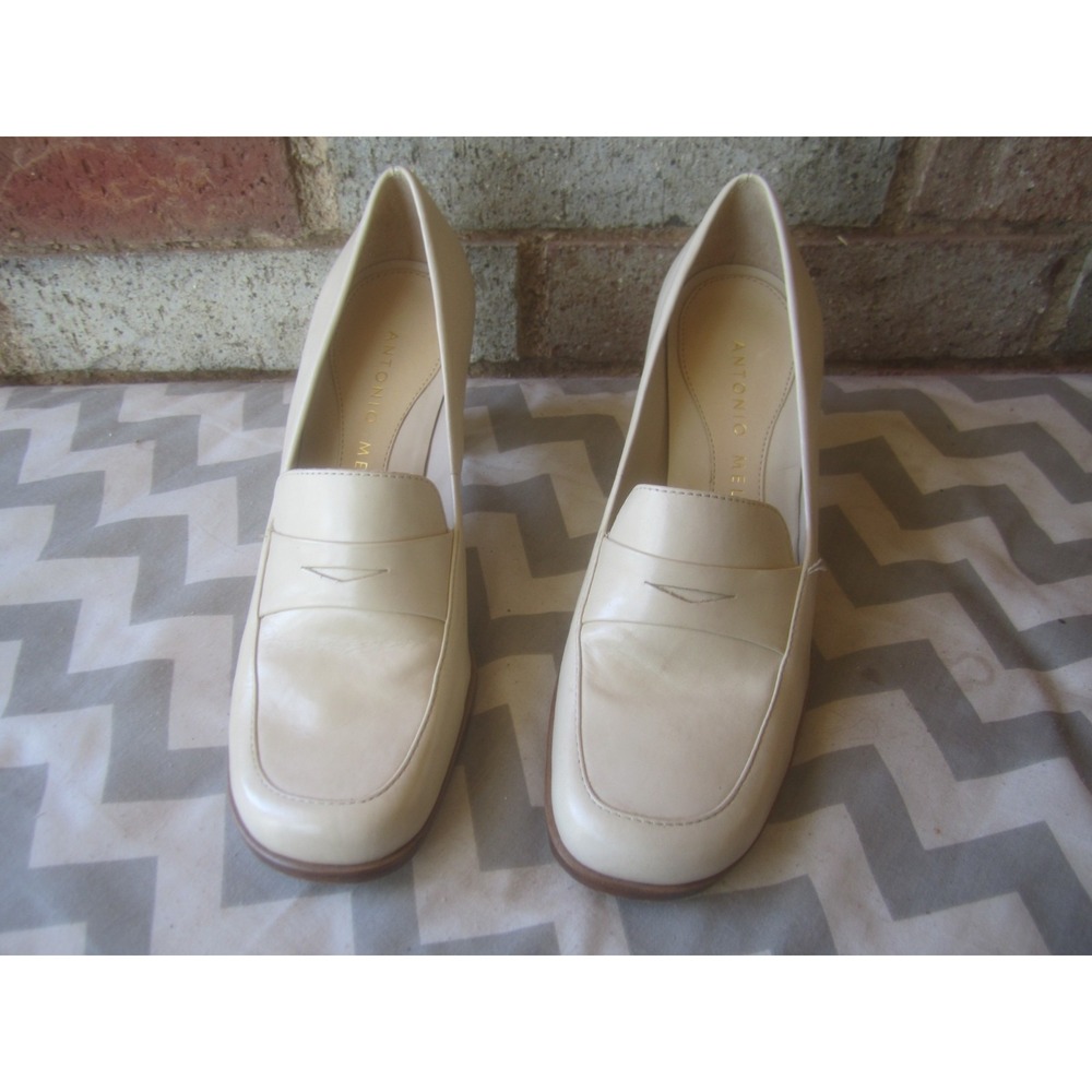 Antonio Melani Shoes Womens 6M Cream-Colored Textured Chunky Heel Penny Loafers
